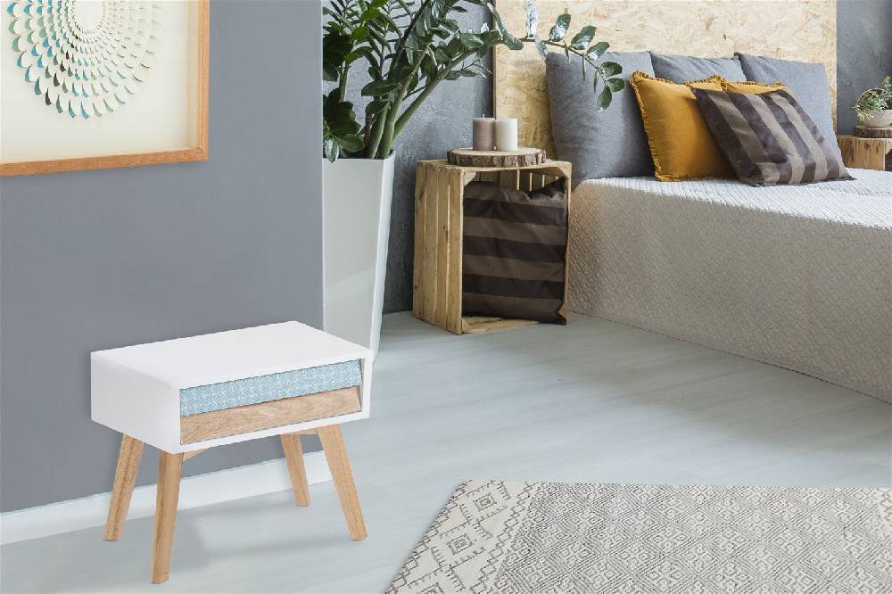 Kayoom Beistelltisch mit Schublade - Nachttisch Hailey Weiß / Blau / Holz zollfrei