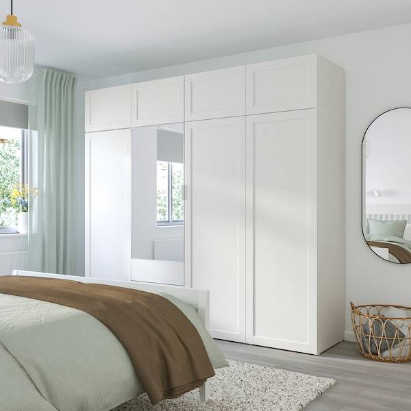 PLATSA Klschrank/8 Türen+3 Schubl., weiß STRAUMEN Spiegelglas/SANNIDAL weiß, Blitzangebot