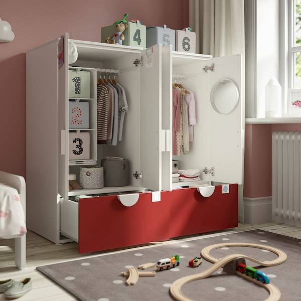 SMÅSTAD / PLATSA Aufbewahrungskombi, weiß rot/Birke 2 Schubladen, Online Outlet