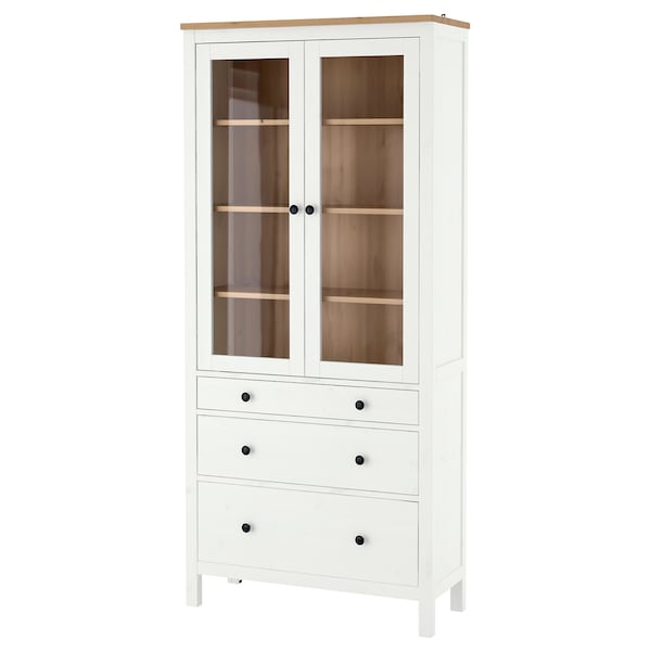 HEMNES Vitrine mit 3 Schubladen, weiß gebeizt/hellbraun, Speichern exportieren