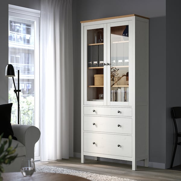 HEMNES Vitrine mit 3 Schubladen, weiß gebeizt/hellbraun, Speichern exportieren