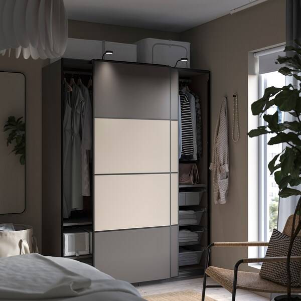 PAX / MEHAMN Kleiderschrank, doppelseitig dunkelgrau/graubeige, Begrenzt auf 3 Tage