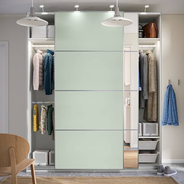 PAX / MEHAMN/AULI Kleiderschrank mit Schiebetüren, weiß doppelseitig/hellgrün Spiegelglas, 2025