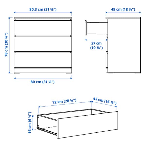 MALM Kommode mit 3 Schubladen, weiß, Neueste Stile