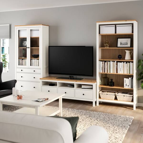 HEMNES TV-Möbel, Kombination, weiß gebeizt/hellbraun Klarglas, Tiefpreis