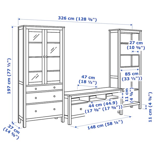HEMNES TV-Möbel, Kombination, weiß gebeizt/hellbraun Klarglas, Tiefpreis