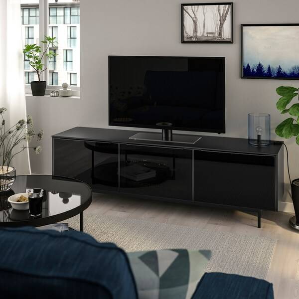 RANNÄS TV-Bank mit Türen, schwarz/schwarz Glas, Schlussverkauf