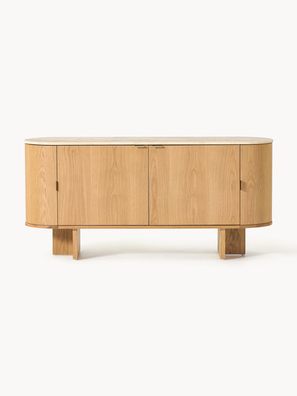 Westwing Collection Holz-Sideboard Zumi mit abgerundeten Ecken und Travertinplatte Günstig kaufen