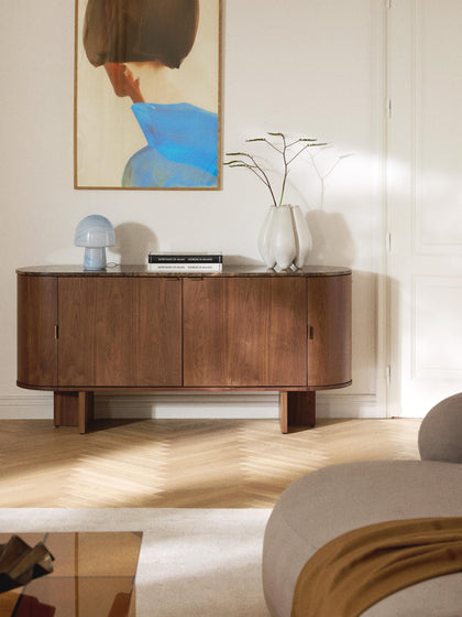 Westwing Collection Holz-Sideboard Zumi mit abgerundeten Ecken und Marmorplatte Bis zu 65% Rabatt