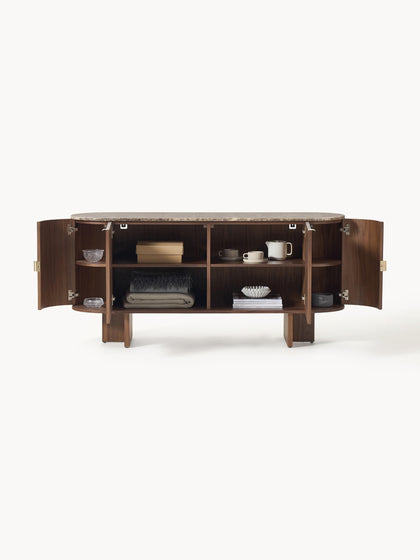 Westwing Collection Holz-Sideboard Zumi mit abgerundeten Ecken und Marmorplatte Bis zu 65% Rabatt