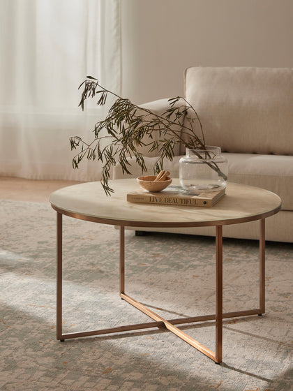 Westwing Collection Runder Couchtisch Antigua mit Glasplatte in Marmor-Optik VIP-Rabatte