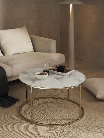 Westwing Collection Runder Couchtisch Antigua mit Glasplatte in Marmor-Optik Räumungsverkauf