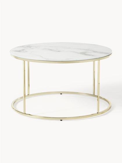Westwing Collection Runder Couchtisch Antigua mit Glasplatte in Marmor-Optik Räumungsverkauf